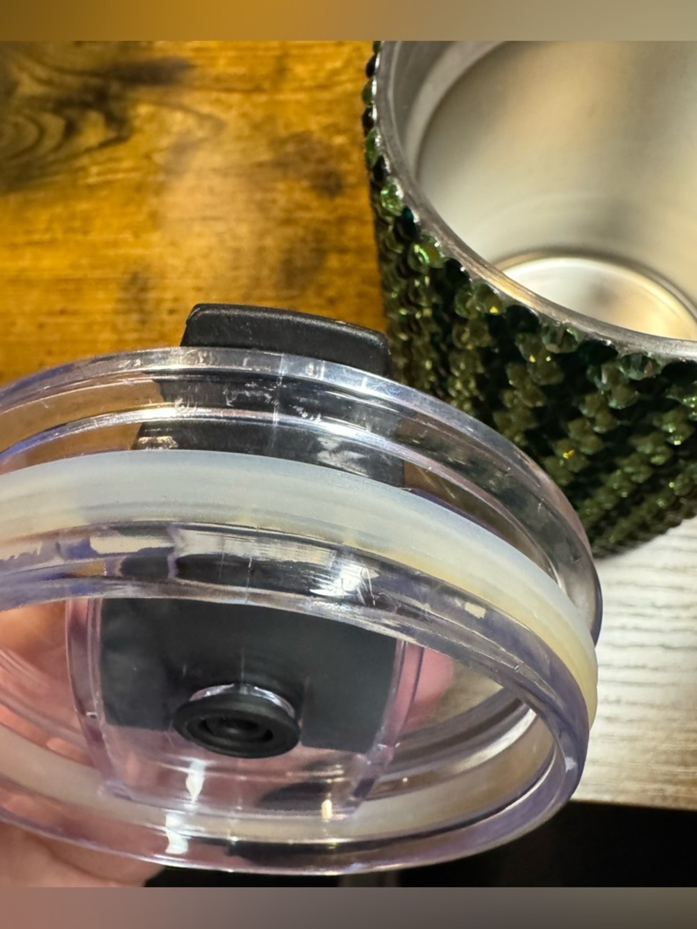 Made by Me- Green Glass Rhinestone Tumbler with Lid Travel Coffee Cup 12oz - Picture 6 of 6
